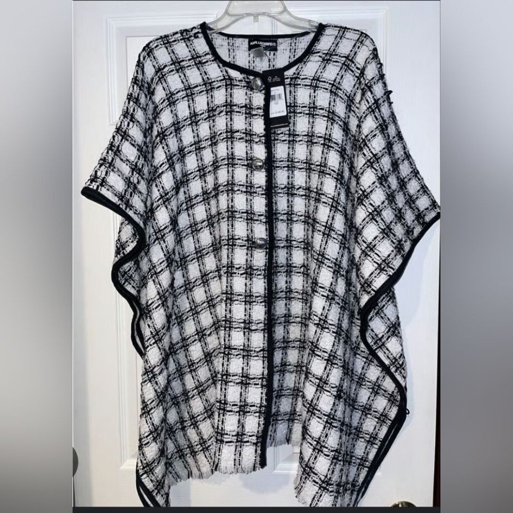 NEW Karl Lagerfeld Paris Designer Tweed Poncho Shawl Cape Black White OS